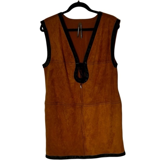 By Anthropologie Faux Suede Shell Mini Dress- Brown with Black Trim- Size Medium - Picture 3 of 11